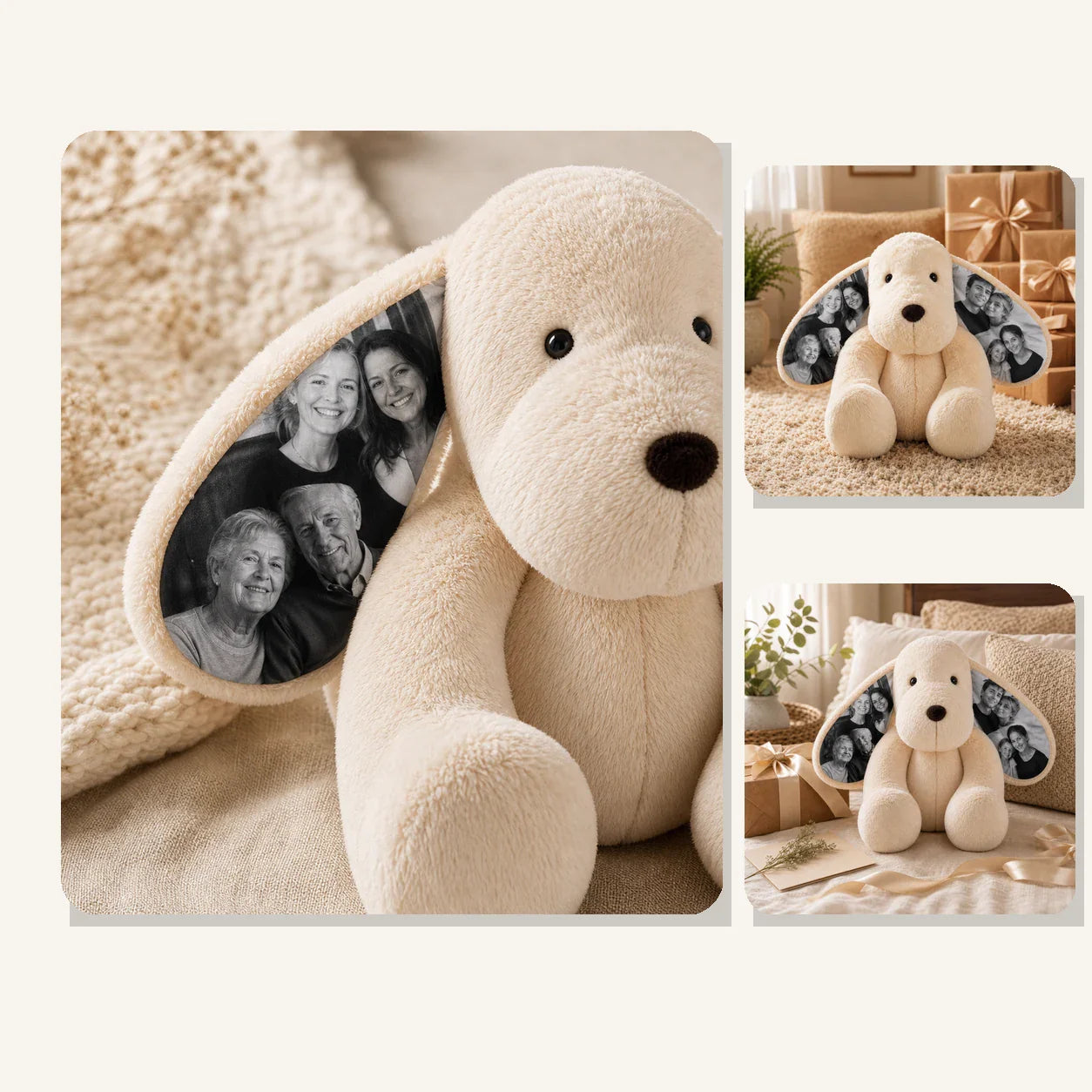 Personalized dog plush detail collage with photo ears