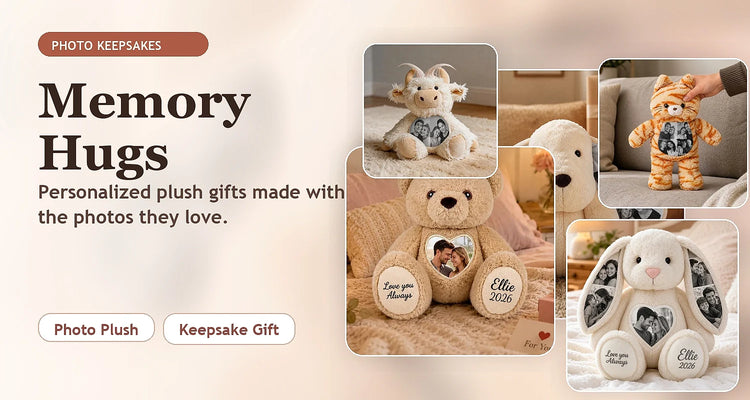 Memory Hugs personalized photo plush collection banner