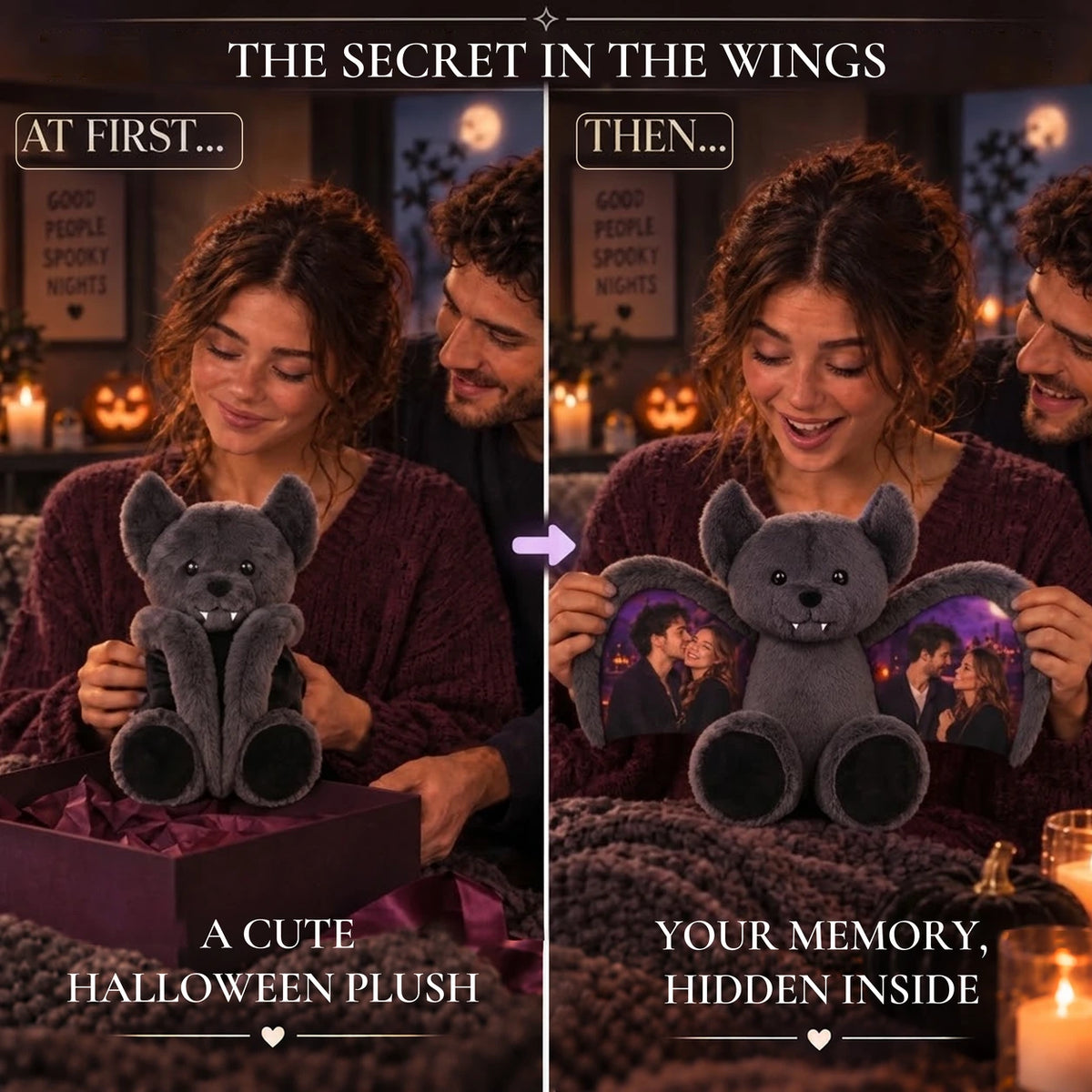 Couple showing a bat bear with its wings closed, then opened to reveal their photos.