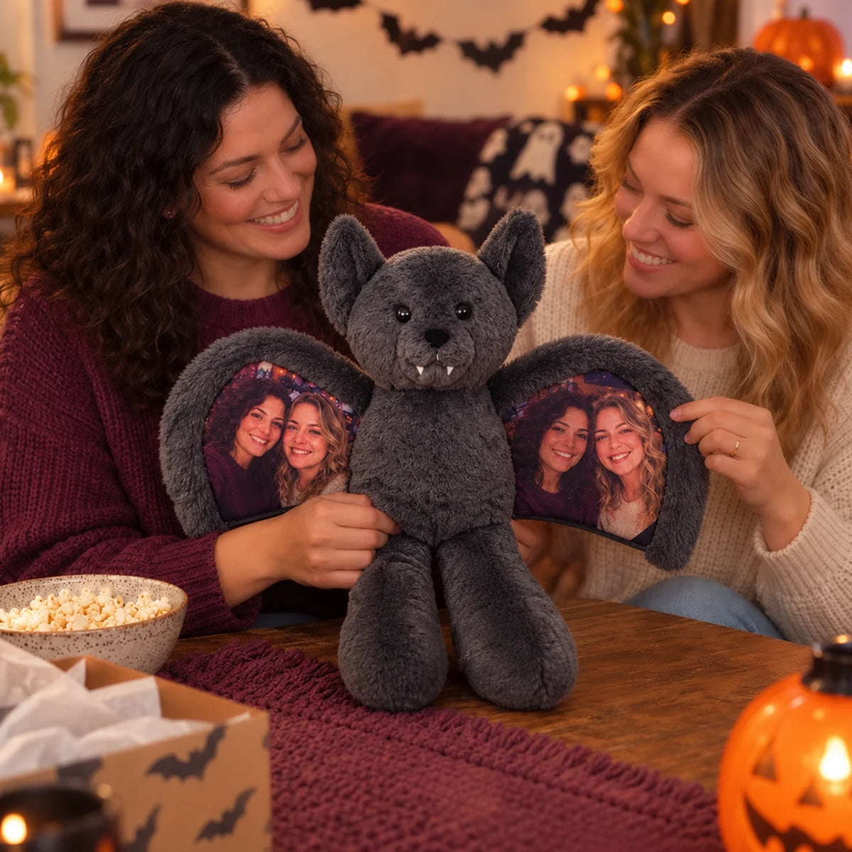 Two friends holding a personalized bat bear at a table with popcorn and Halloween decorations.