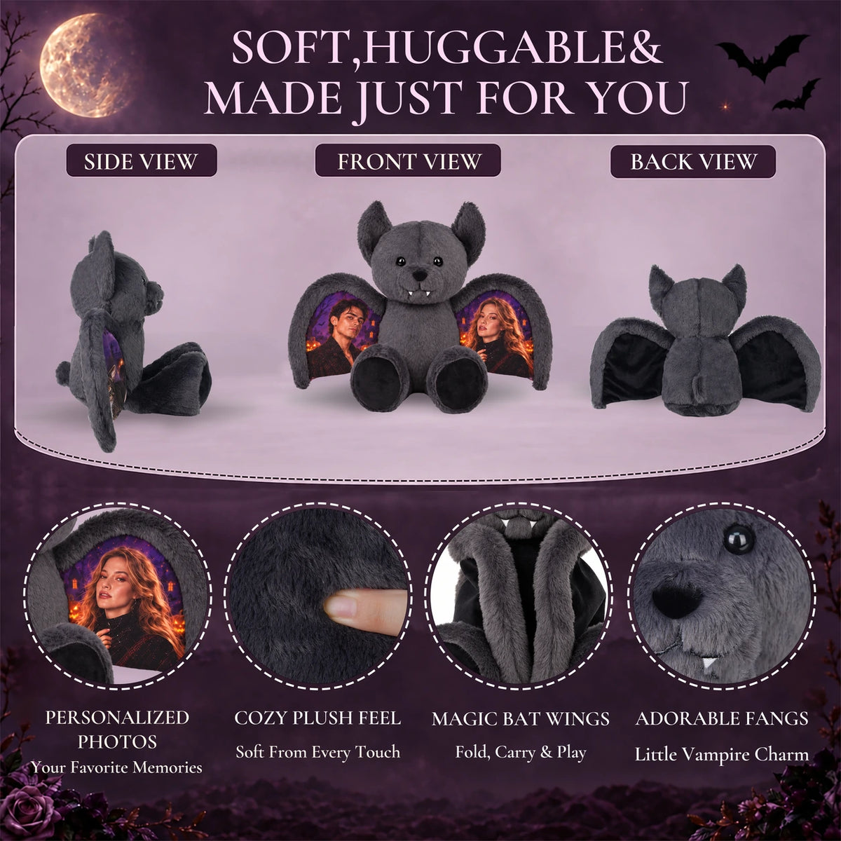 Side, front and back views of a gray bat bear, with close-ups of photo wings, plush fabric and fangs.