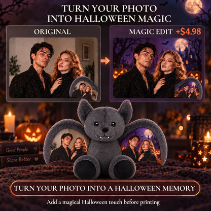 Original couple photo compared with a Halloween background upgrade and the printed bat bear wings.