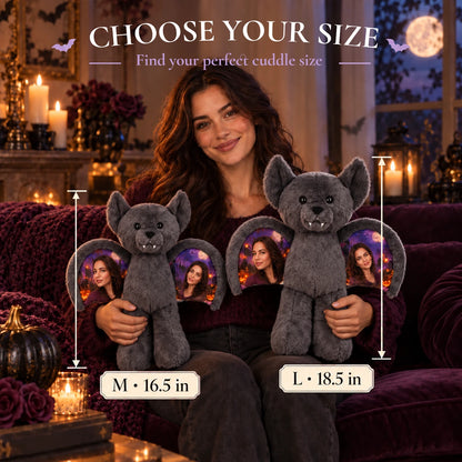 Woman holding M 16.5-inch and L 18.5-inch photo bat bears for a size comparison.