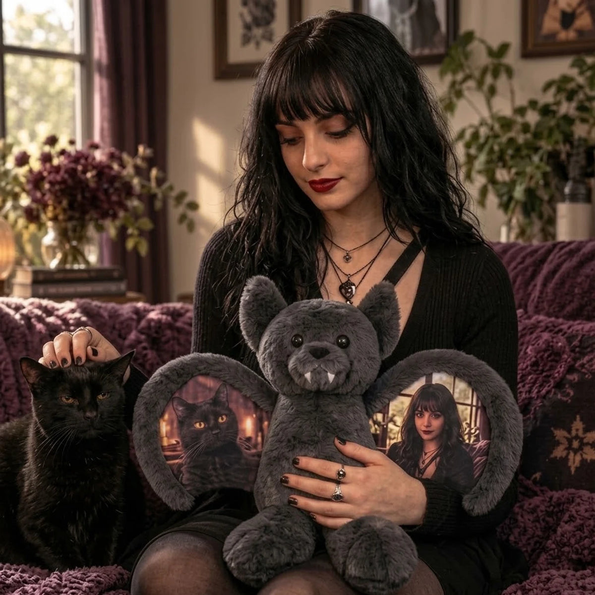 Woman beside a black cat holding a bat bear with a cat photo on one wing and her portrait on the other.