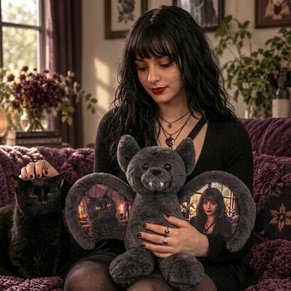 Woman beside a black cat holding a bat bear with a cat photo on one wing and her portrait on the other.