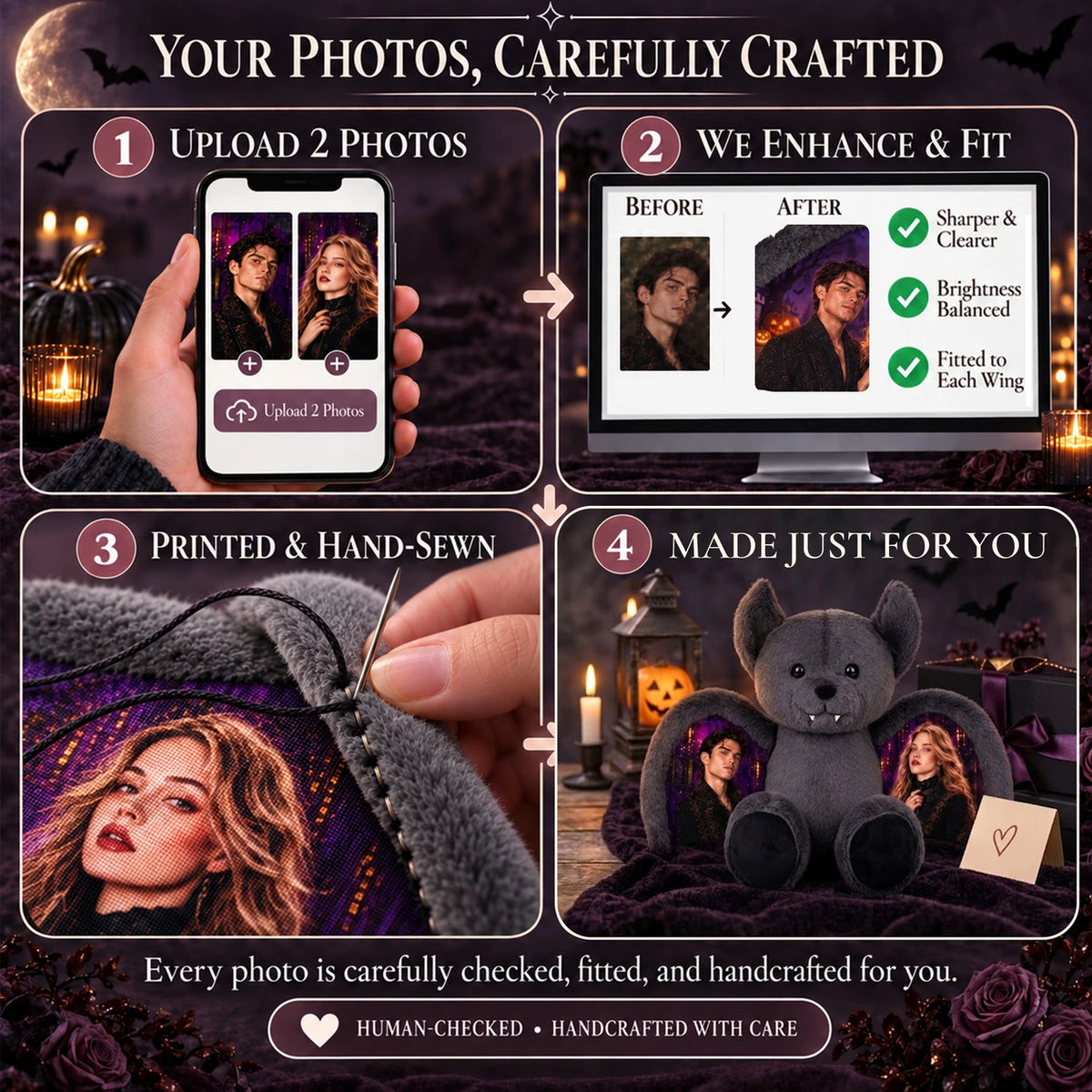 Illustrated guide showing photo upload, image preparation, sewing and a finished personalized bat bear.