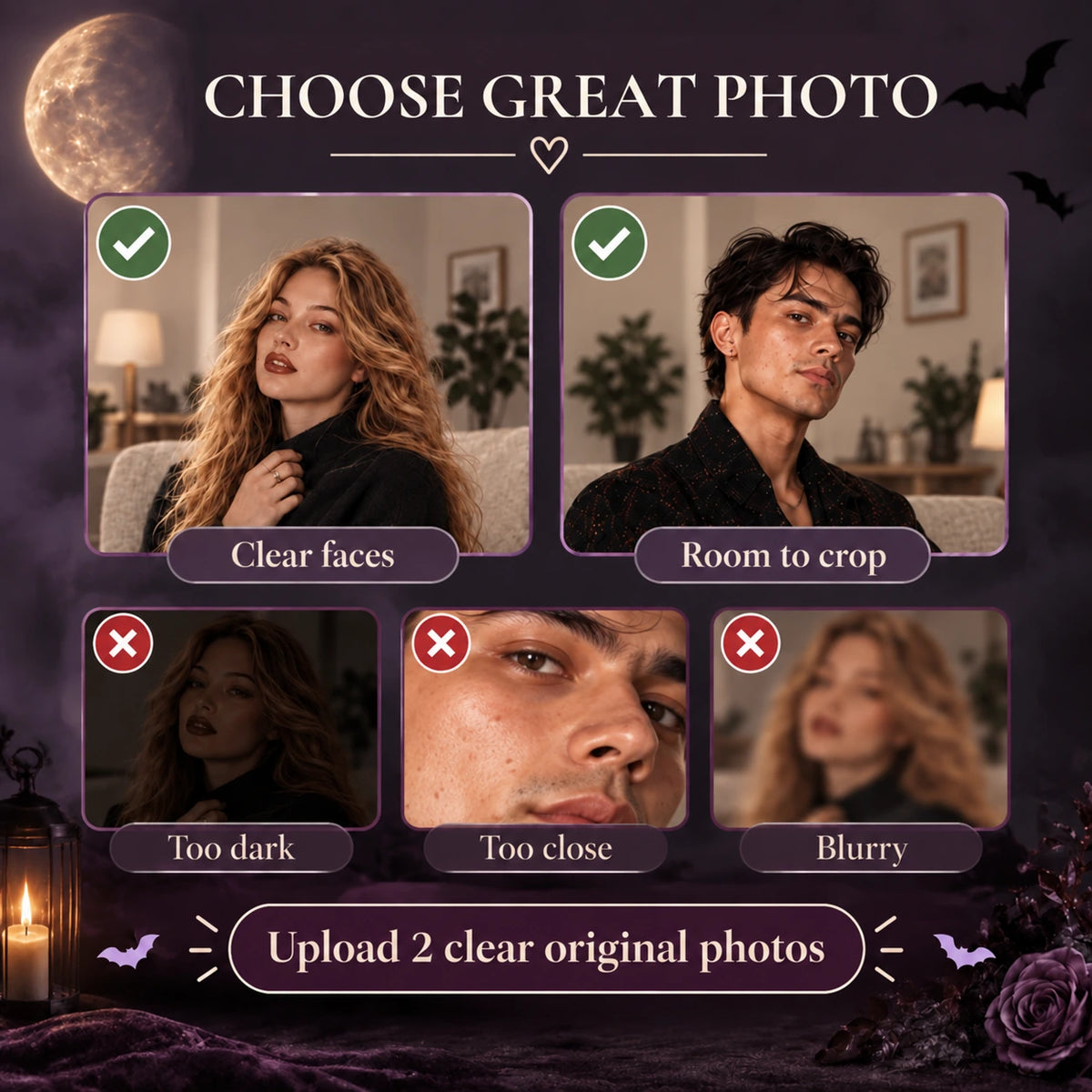 Photo guide showing clear faces and room to crop, with dark, tightly cropped and blurry examples to avoid.