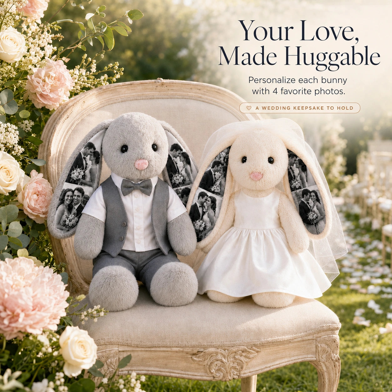 Custom Photo Wedding Bunny Plush – Personalized Bride & Groom Keepsake