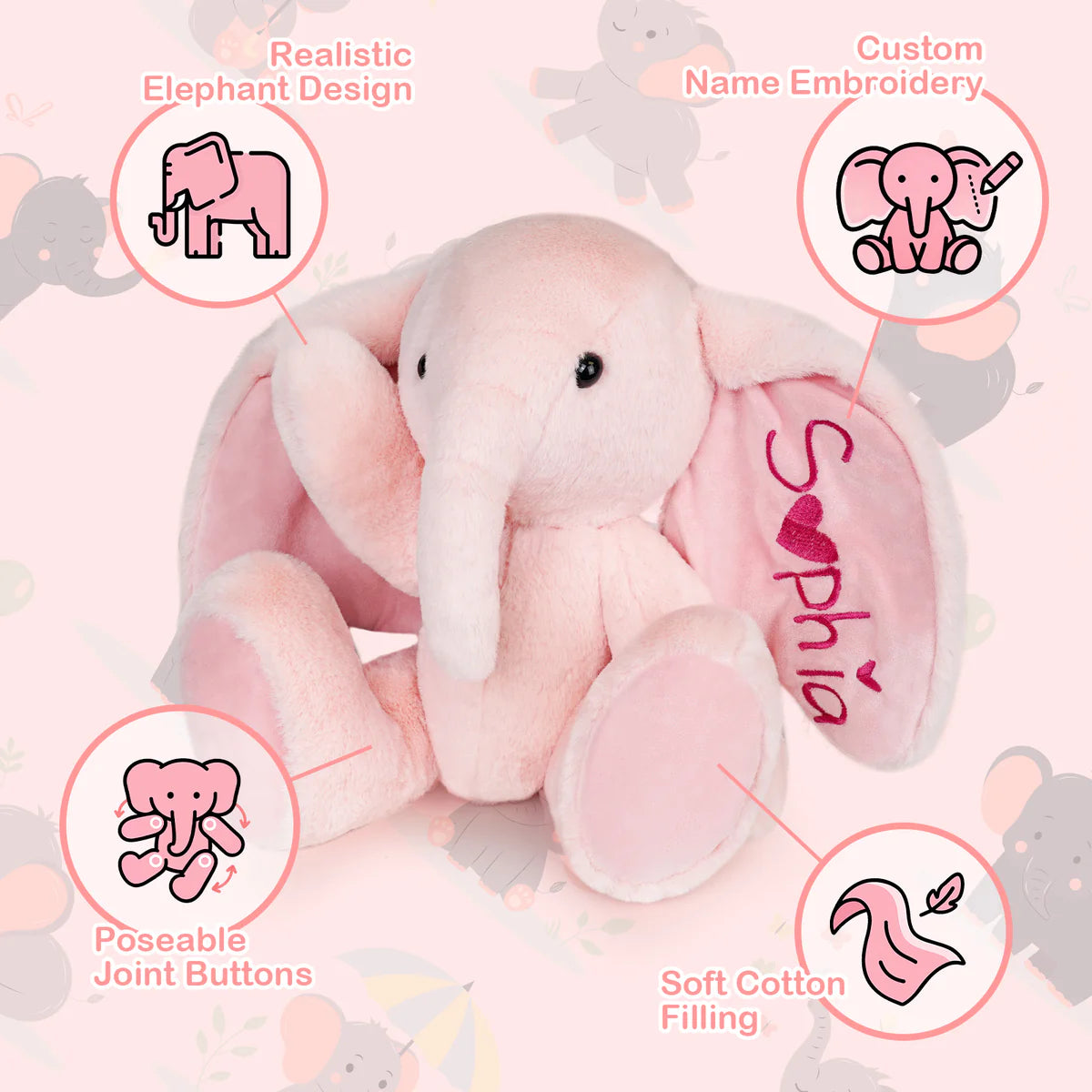 Customizable Ear Text Plush Elephant – Personalized Name Gift for Kids & Loved Ones