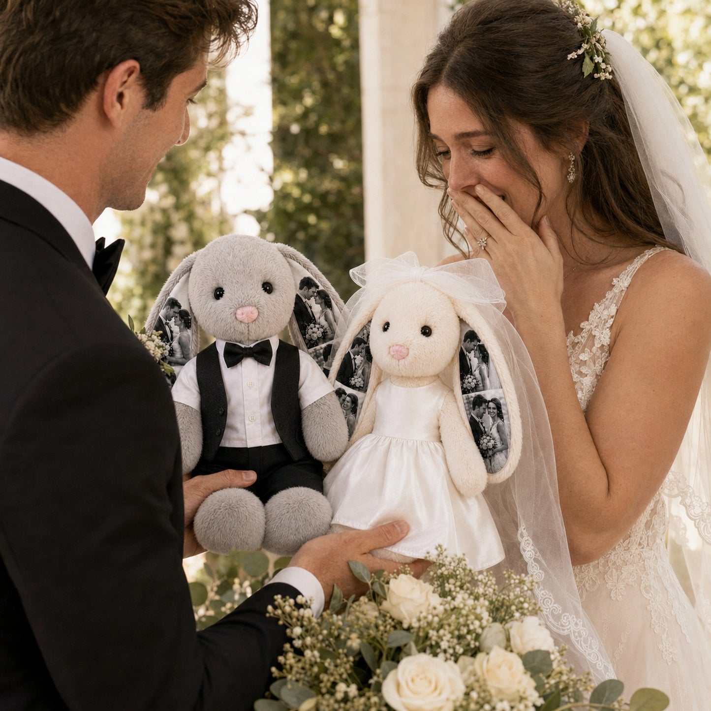 Custom Photo Wedding Bunny Plush – Personalized Bride & Groom Keepsake