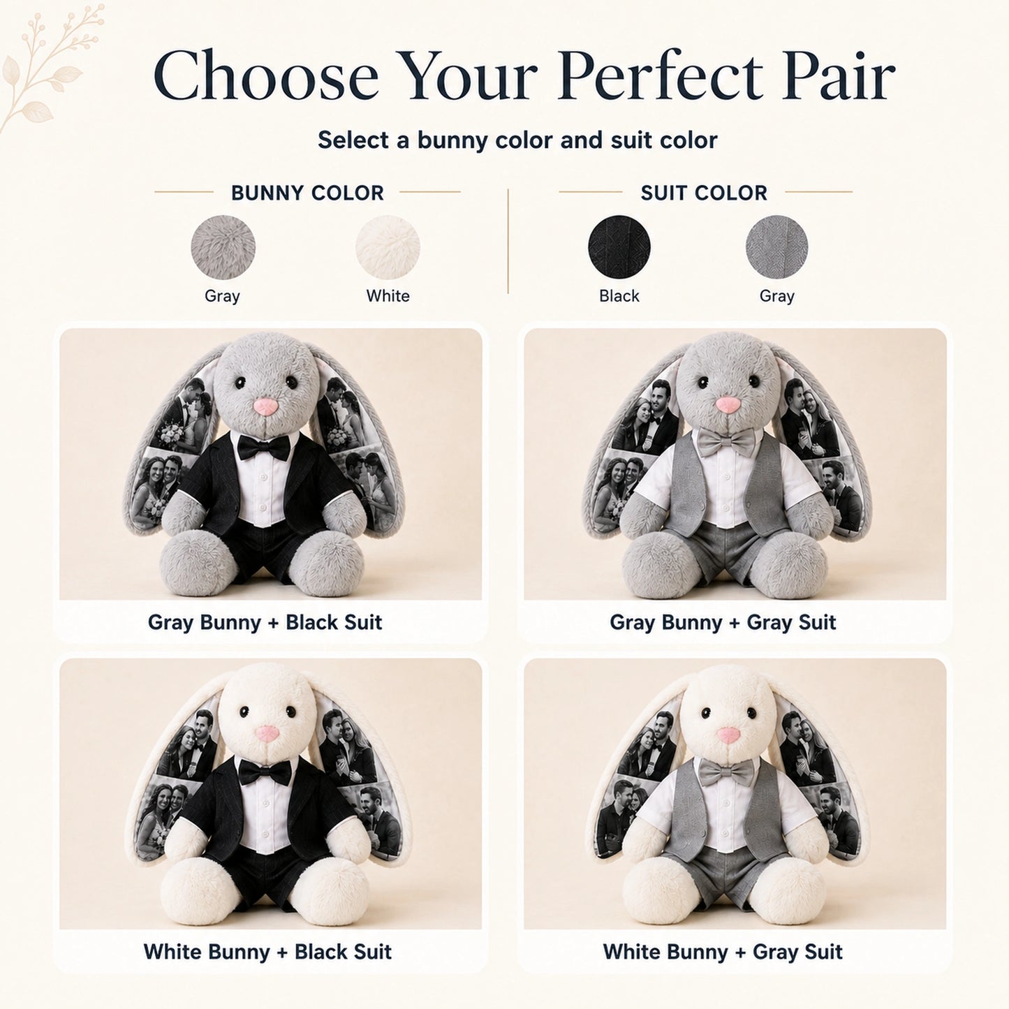 Custom Photo Wedding Bunny Plush – Personalized Bride & Groom Keepsake
