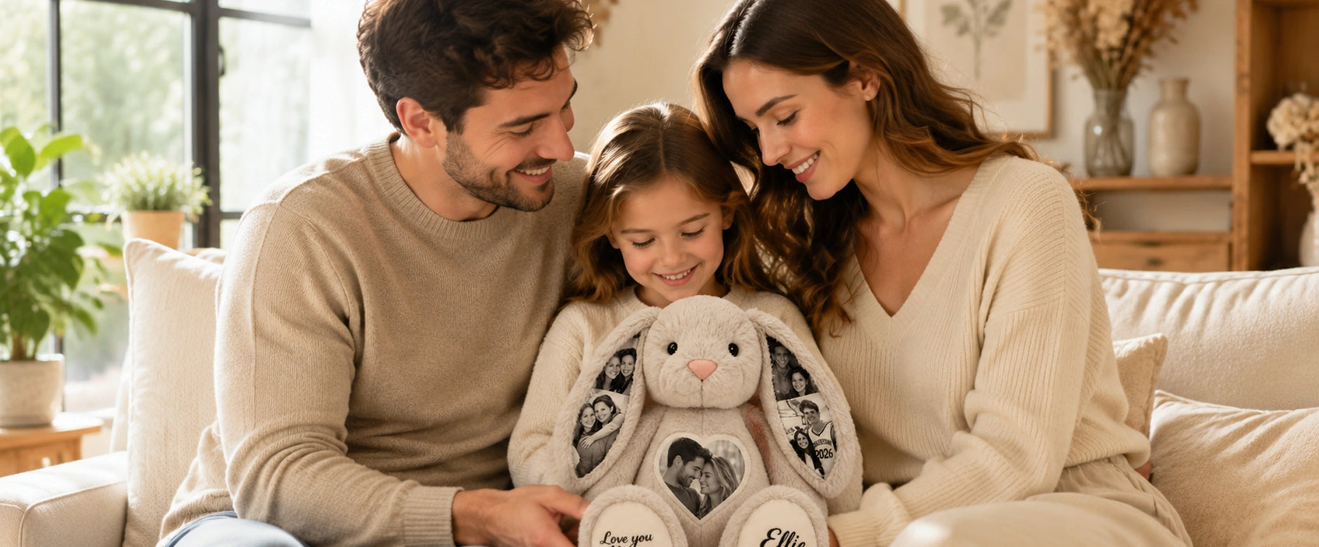 Family holding a personalized photo bunny plush