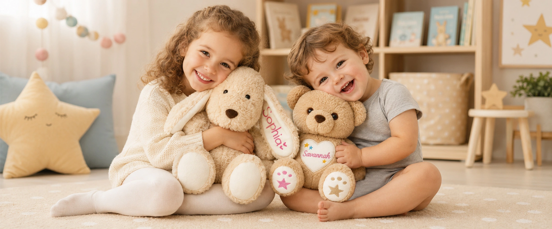 Children cuddling personalized name plush toys