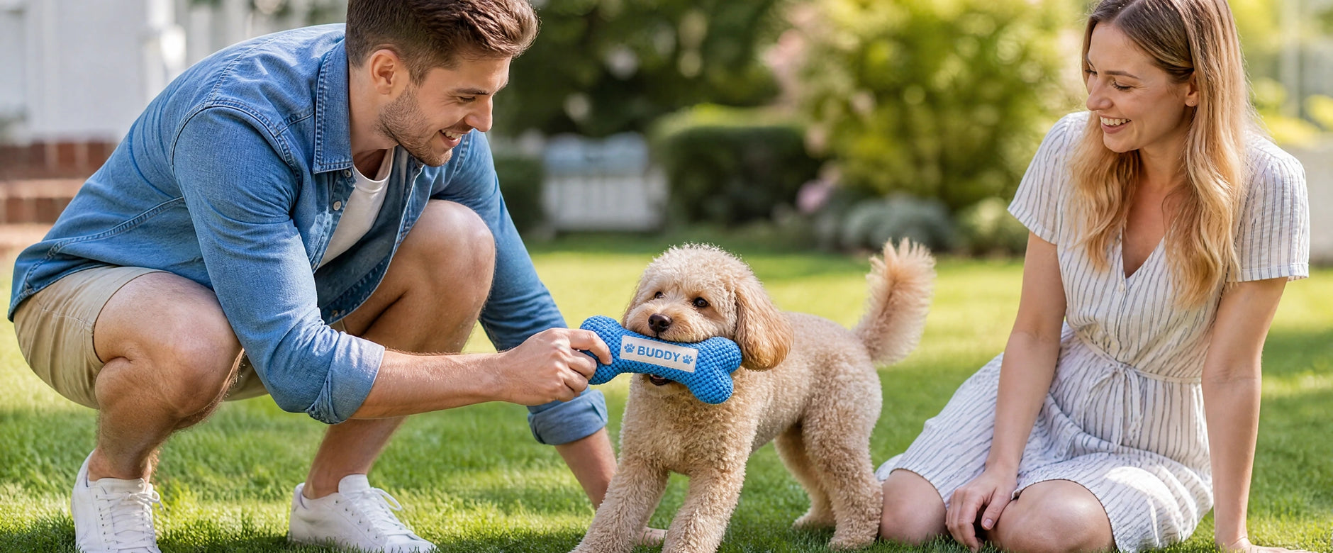 Dog playing with a personalized plush toy