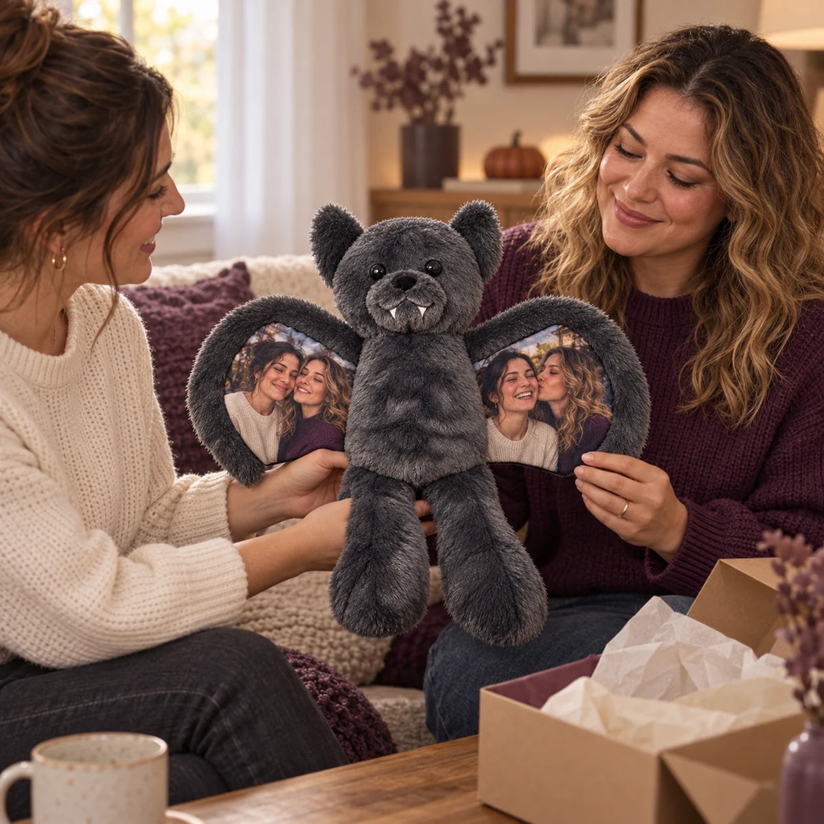 Two women exchanging a personalized photo-wing bat bear beside an open gift box.