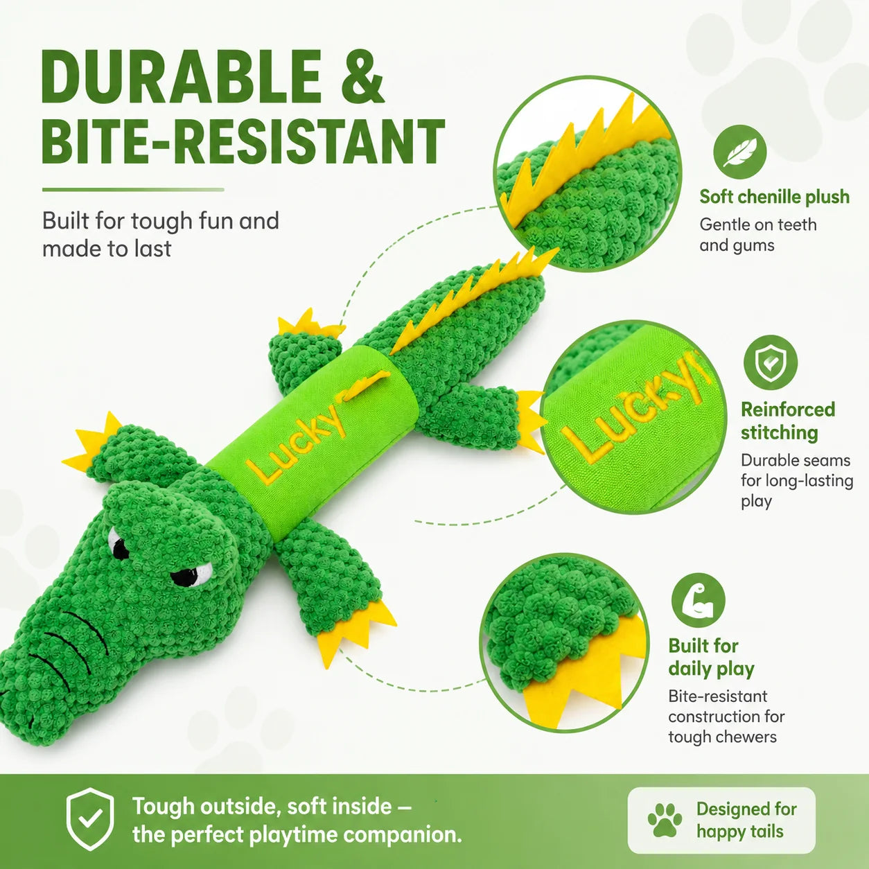 Durable bite-resistant crocodile plush dog toy details