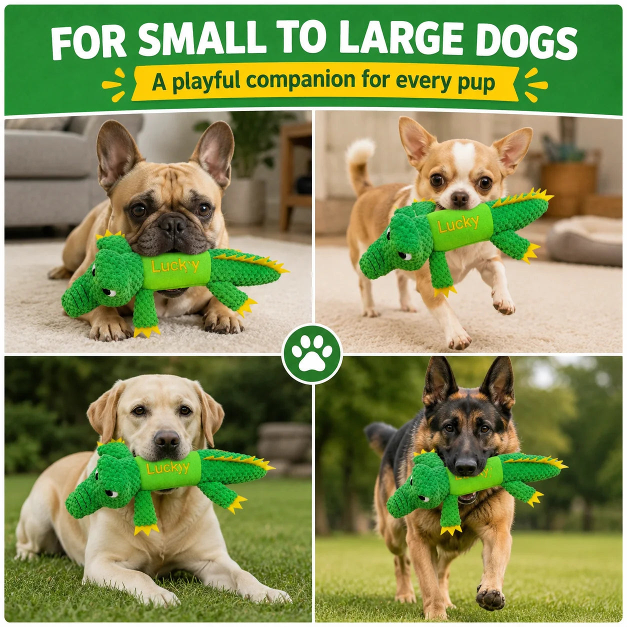 Crocodile dog toy shown with small and large dogs