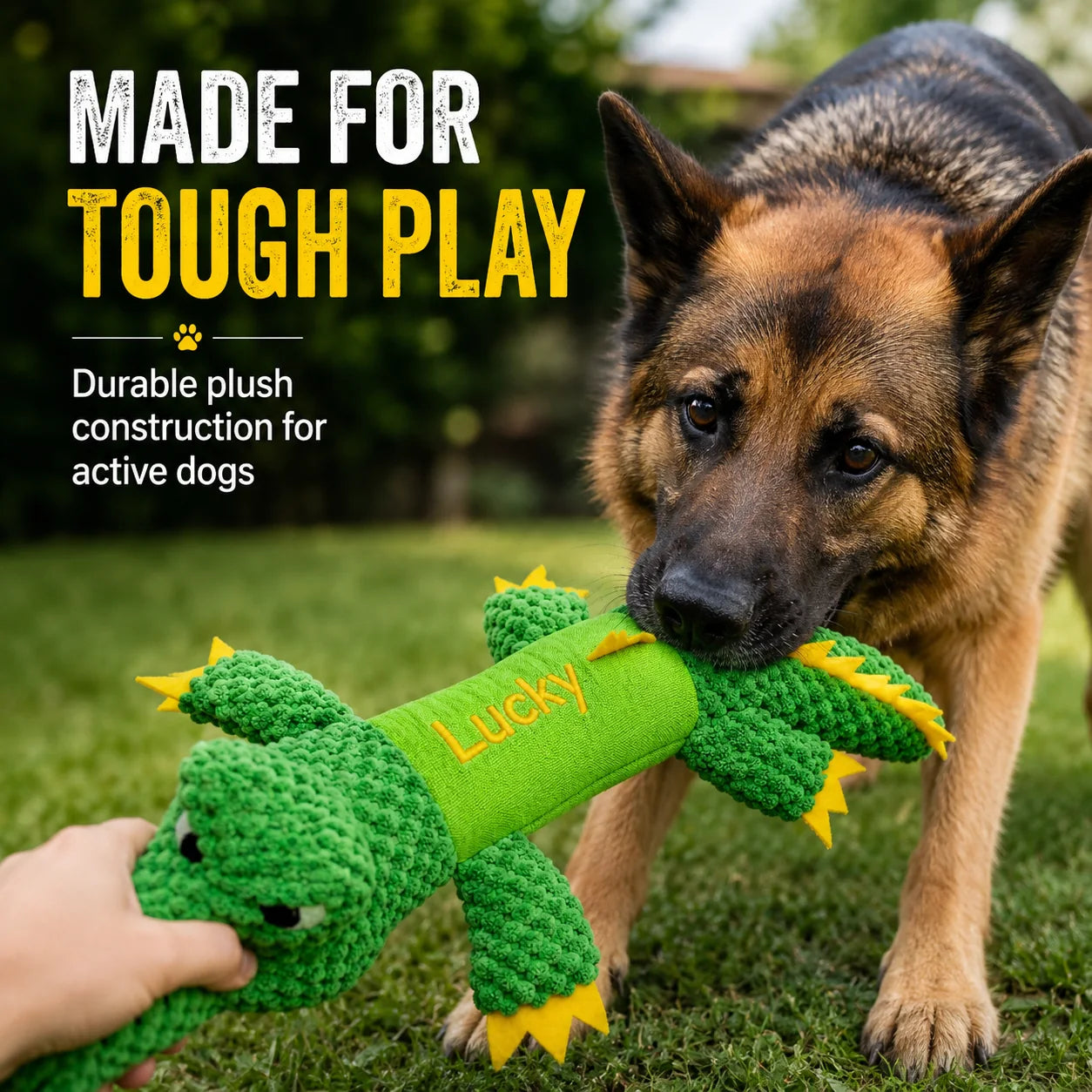 Dog playing with custom embroidered crocodile plush toy
