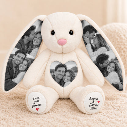 White personalized bunny with couple photos on both ears and the heart panel, and custom words on both paws.