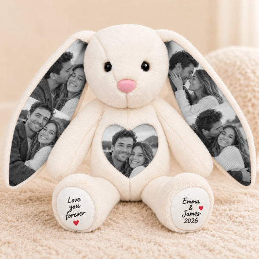 White personalized bunny with couple photos on both ears and the heart panel, and custom words on both paws.