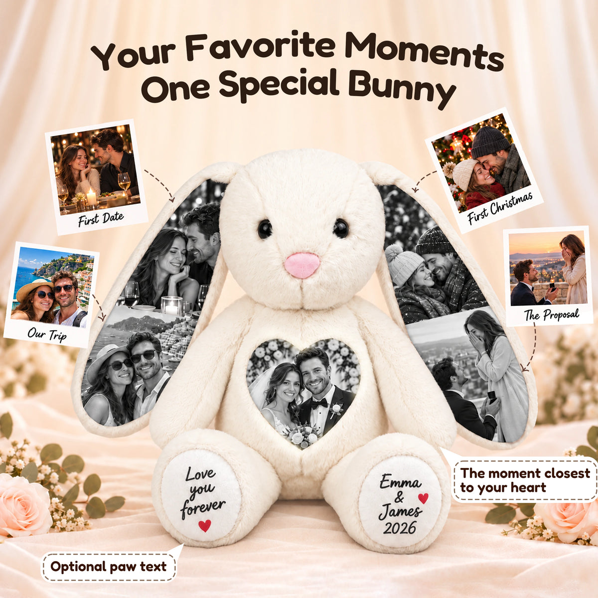 Personalized bunny showing favorite couple memories on the ears and heart, with optional paw text.