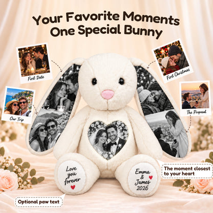 Personalized bunny showing favorite couple memories on the ears and heart, with optional paw text.