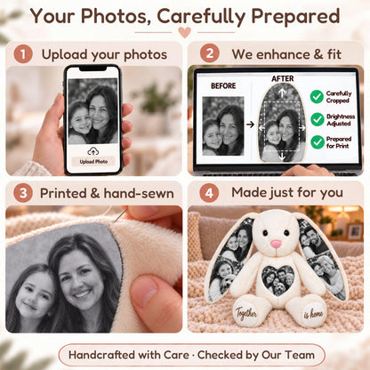 Photo bunny preparation process showing photo upload, cropping, printing and hand sewing.