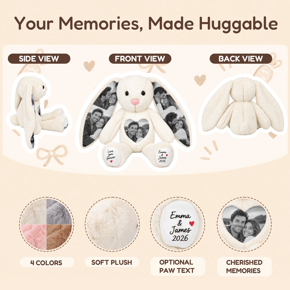 Front, side and back views of the personalized photo bunny, with plush and paw text details.