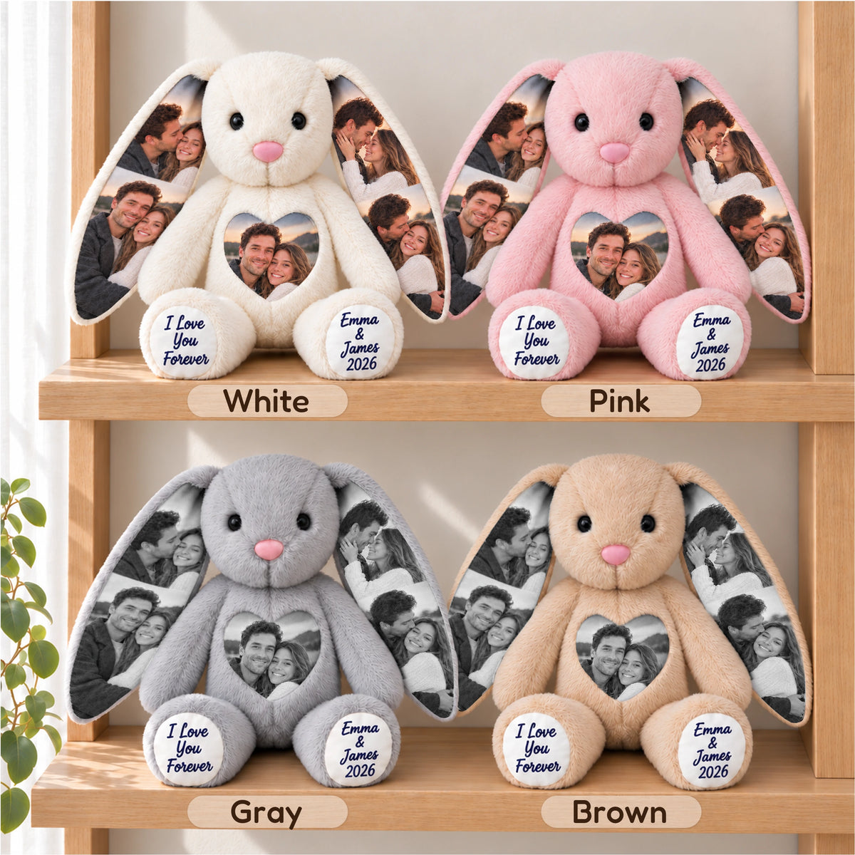 Personalized photo bunny available in White, Pink, Gray and Brown.