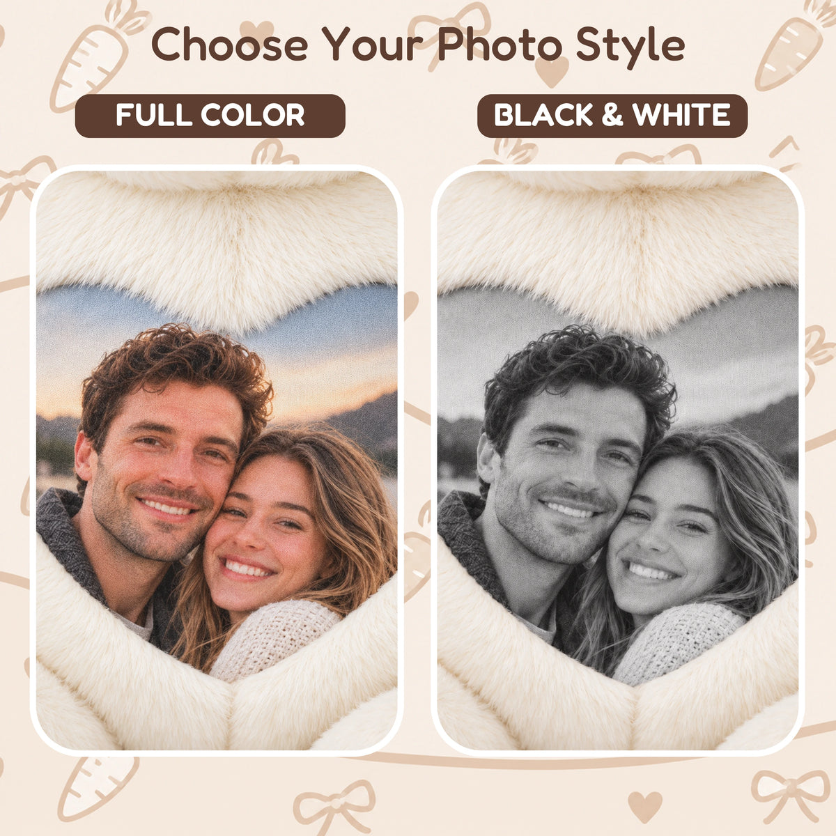 Full Color and Black & White photo printing compared on the same bunny heart panel.