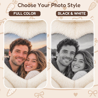 Full Color and Black & White photo printing compared on the same bunny heart panel.