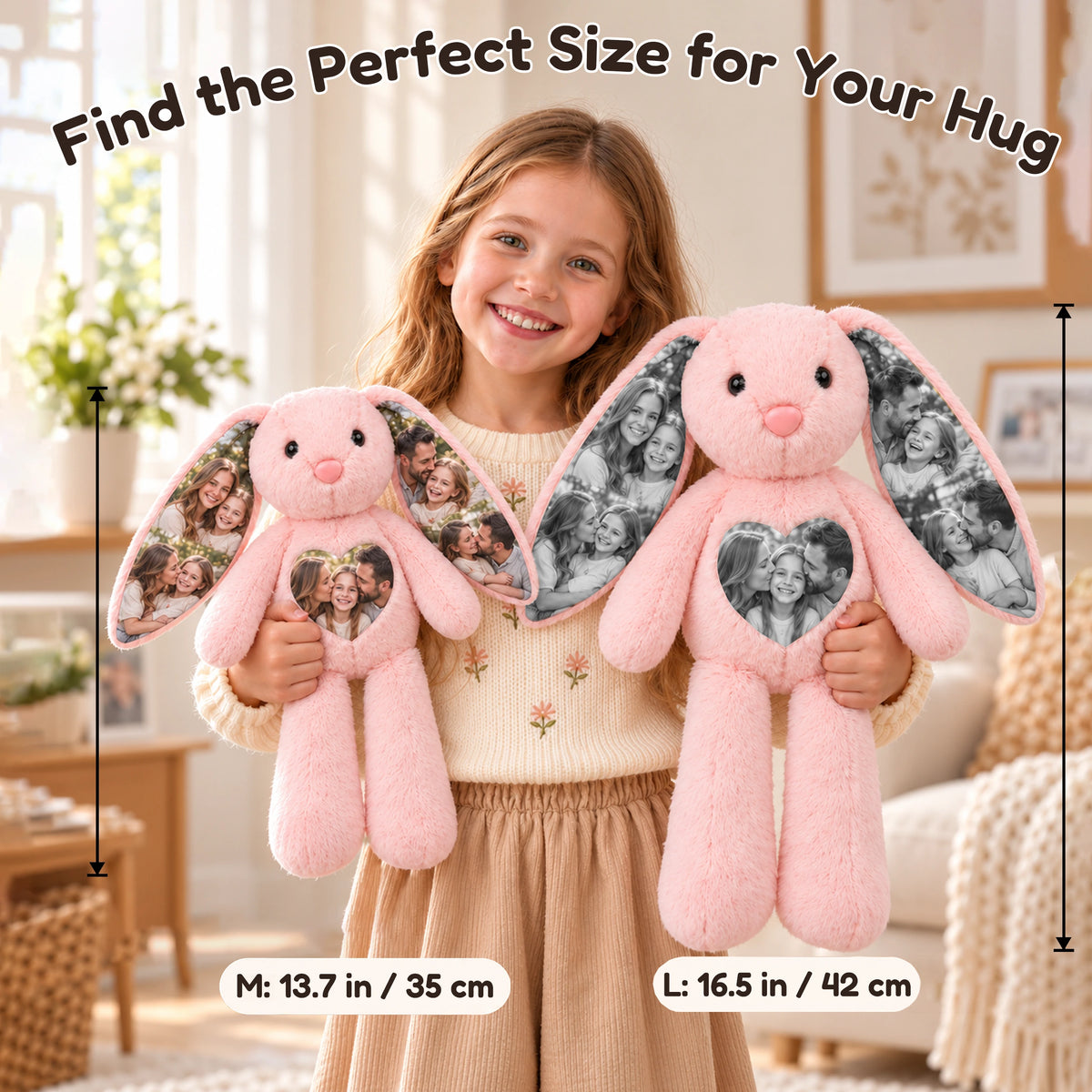 Girl holding medium and large pink photo bunnies for a size comparison.