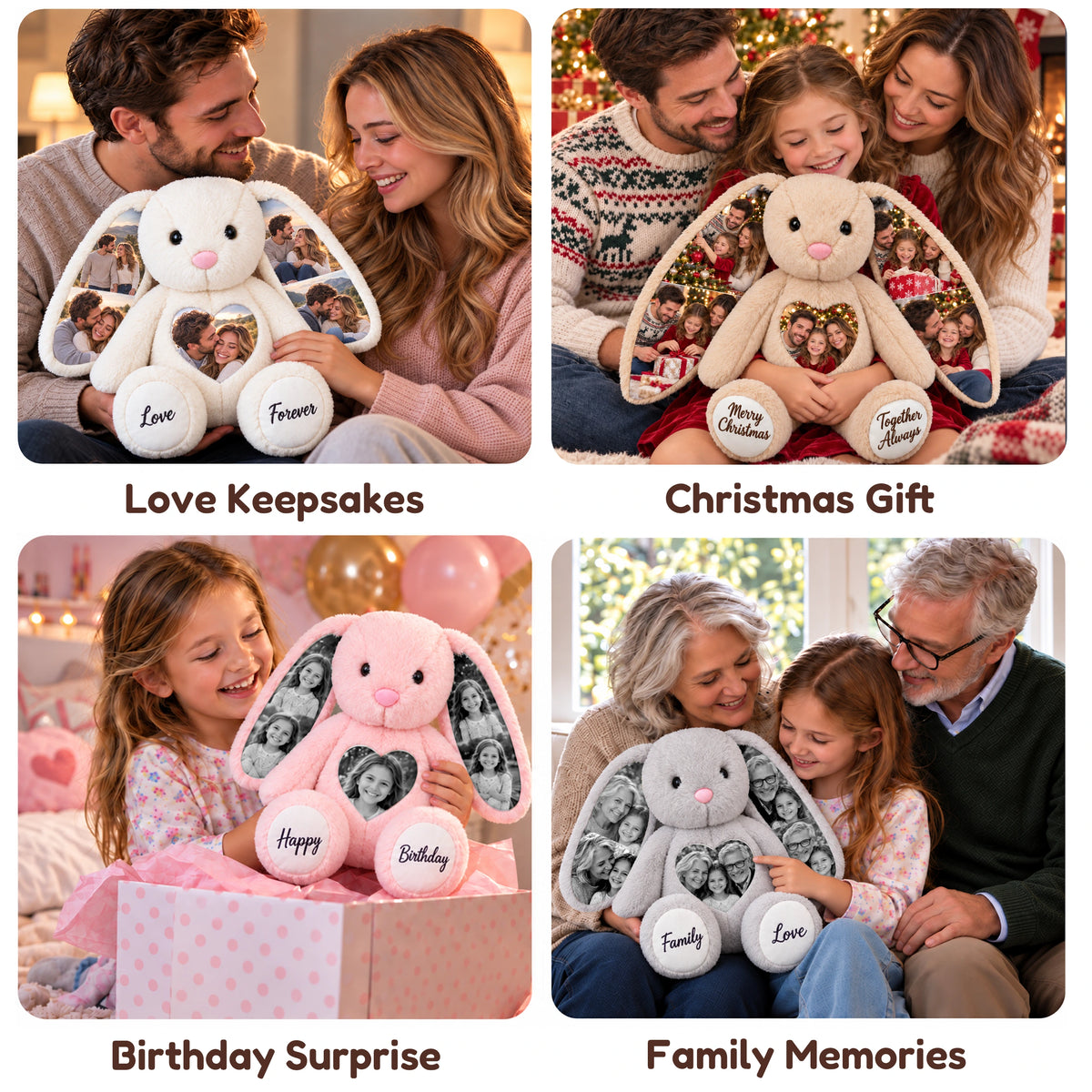 Personalized photo bunny gift ideas for love keepsakes, Christmas, birthdays and family memories.