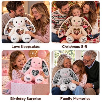 Personalized photo bunny gift ideas for love keepsakes, Christmas, birthdays and family memories.