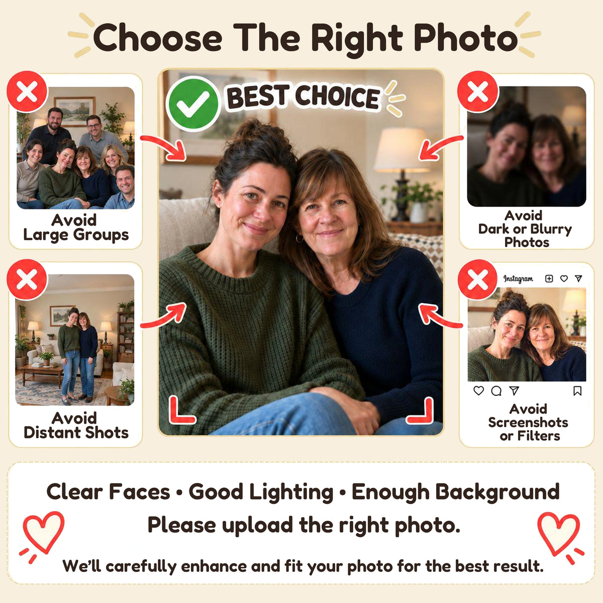 Photo upload guide showing clear portraits and examples of photos to avoid.