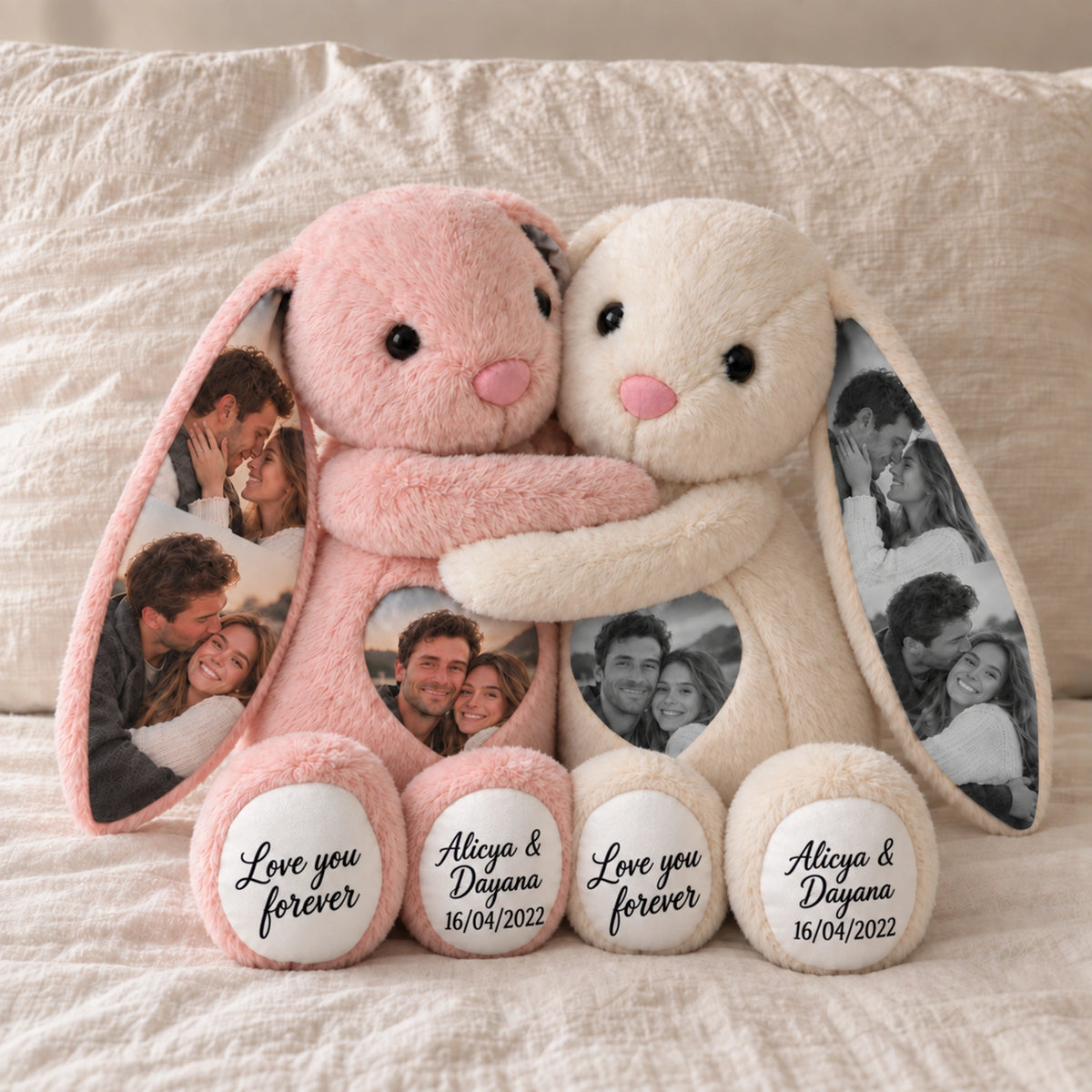 White and pink personalized photo bunnies sitting together on a sofa.