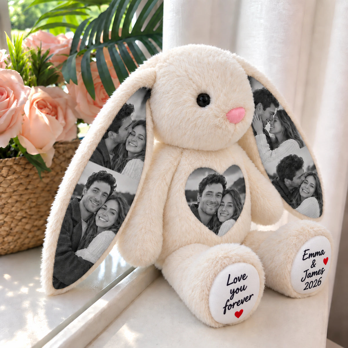 Side view of a white personalized photo bunny beside a window and flower basket.