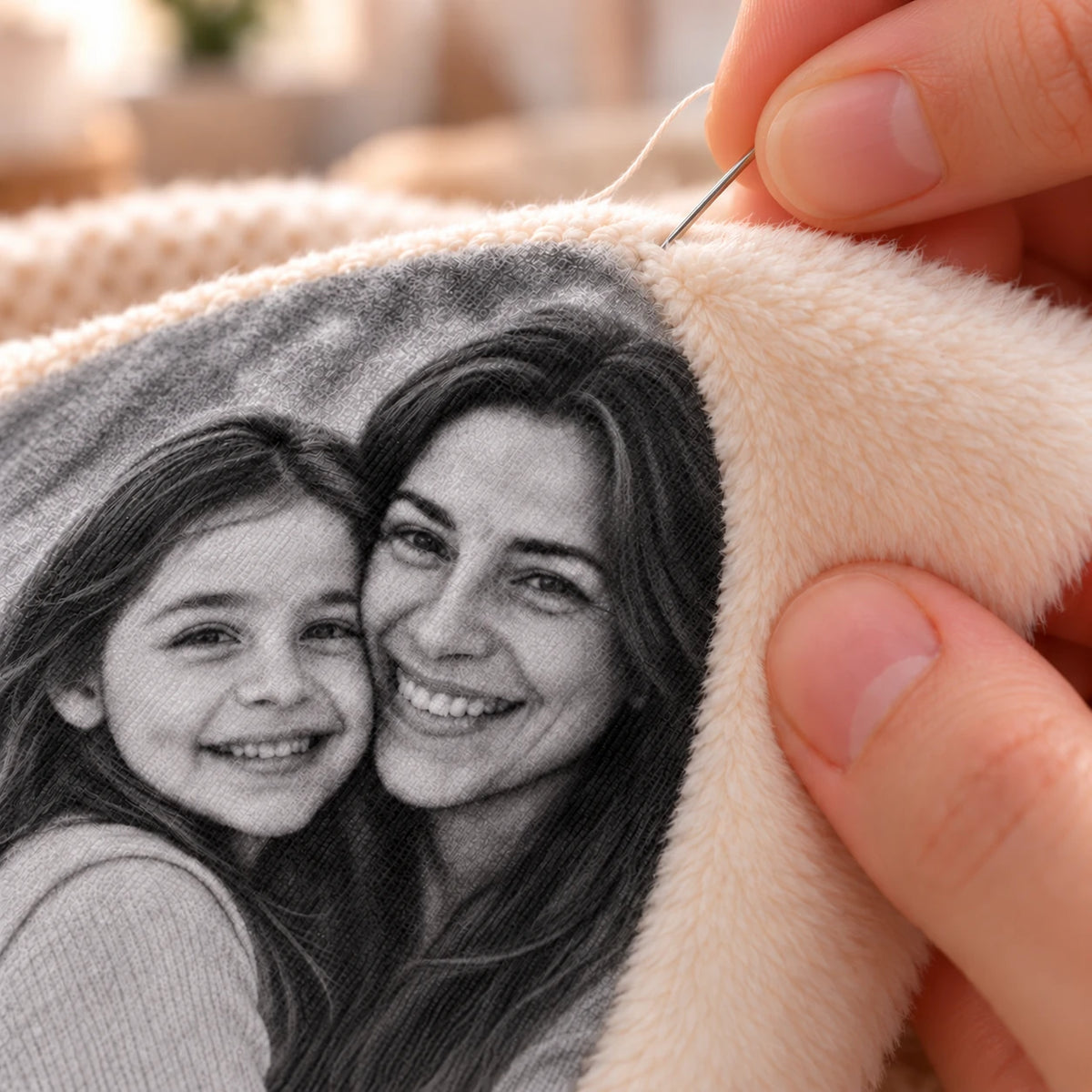 Close-up of hands sewing the edge of a mother-and-daughter photo fabric panel into ivory bunny plush.