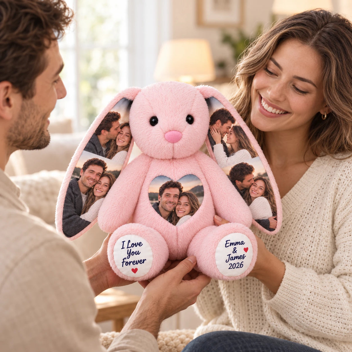 Couple sharing a pink personalized bunny with color photos on its ears and heart and custom text on both paws.