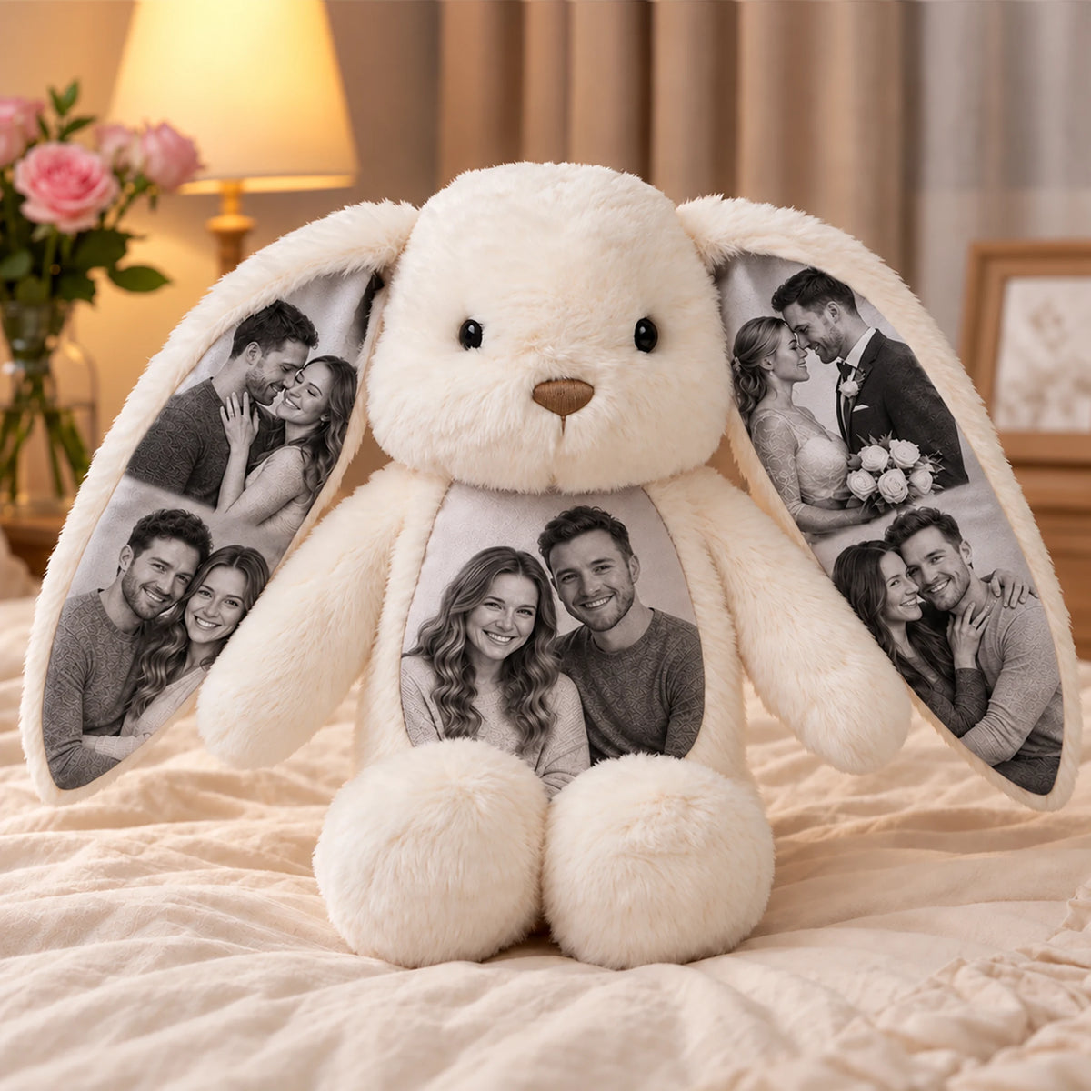 Cream white custom photo bunny with black-and-white couple photos on both ears and the belly.