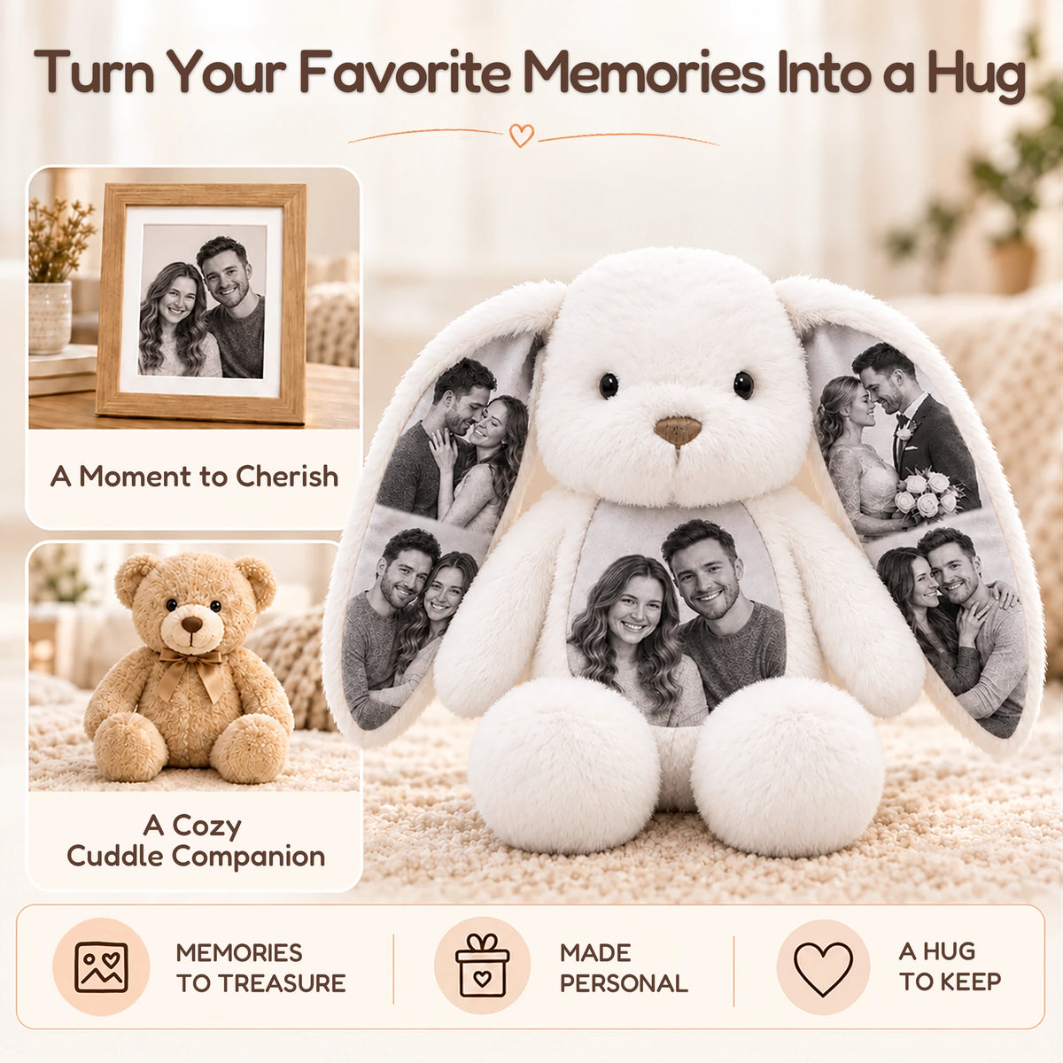 Custom photo bunny combining cherished photos with a cuddly plush, shown beside a photo frame and teddy bear.