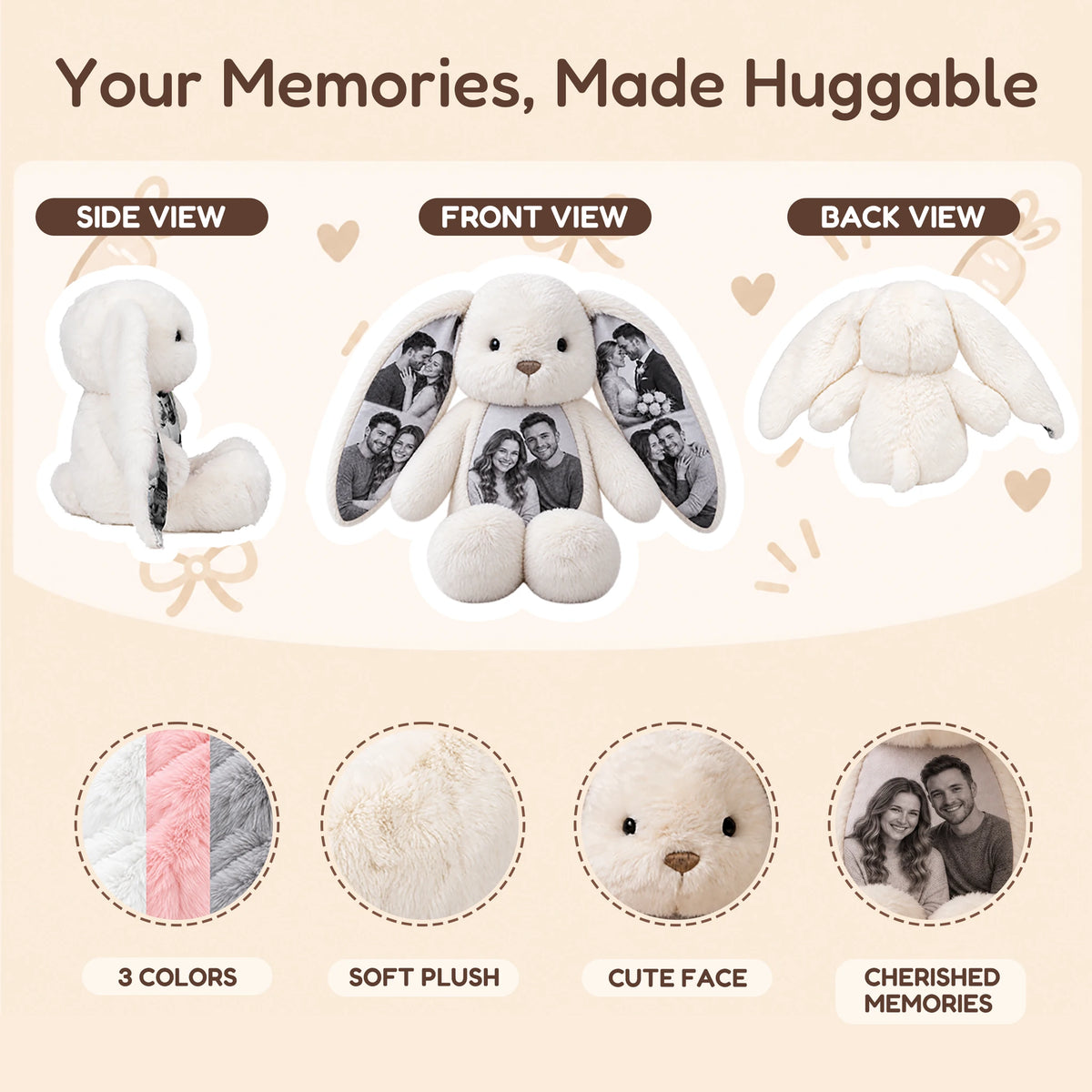 Side, front and back views of the photo bunny with plush fabric, color and printed photo details.