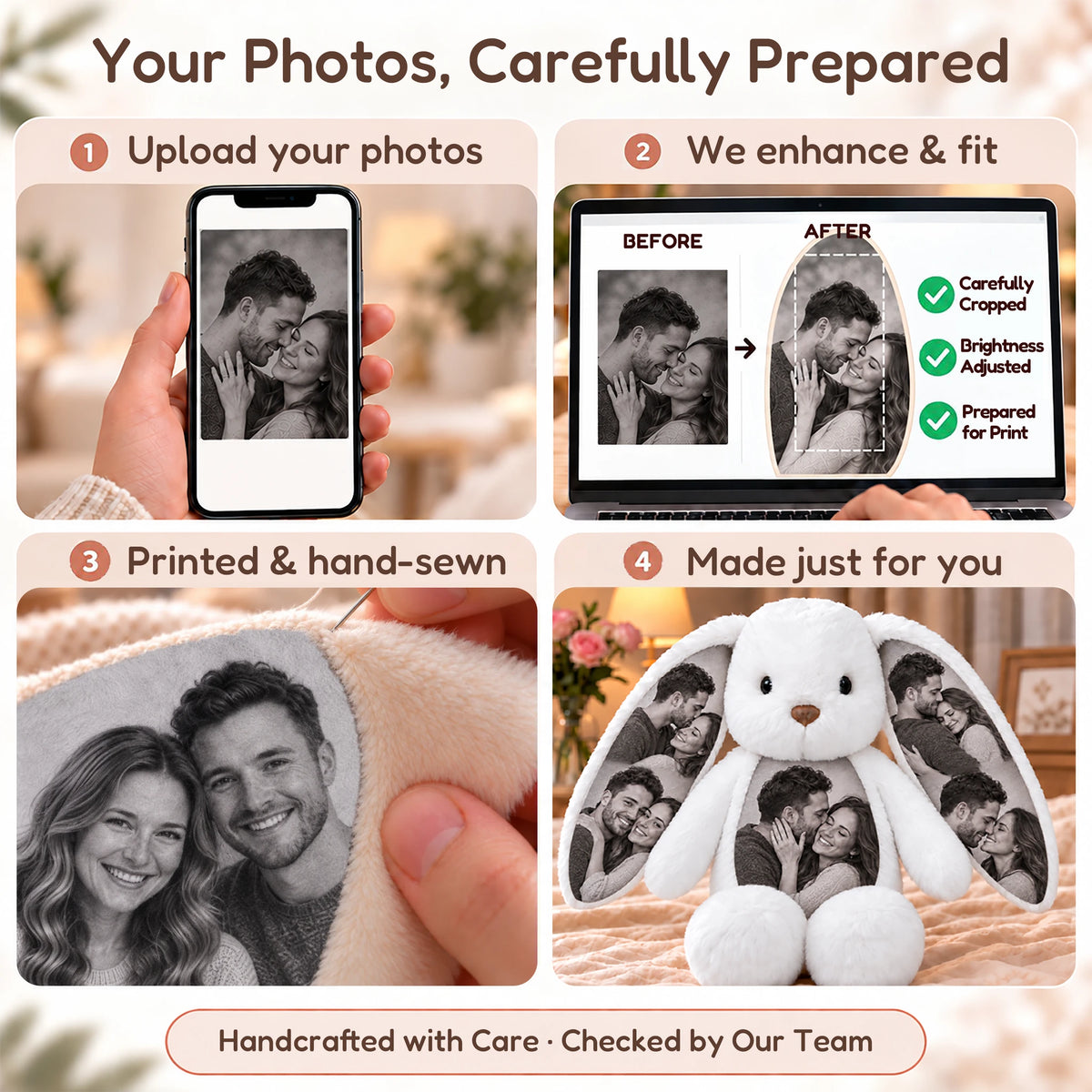 Four steps showing photo upload, crop preparation, hand sewing and the finished custom photo bunny.