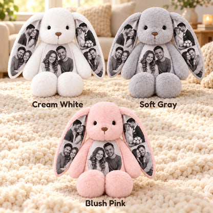 Custom photo bunnies in Cream White, Soft Gray and Blush Pink with couple photos on the ears and belly.