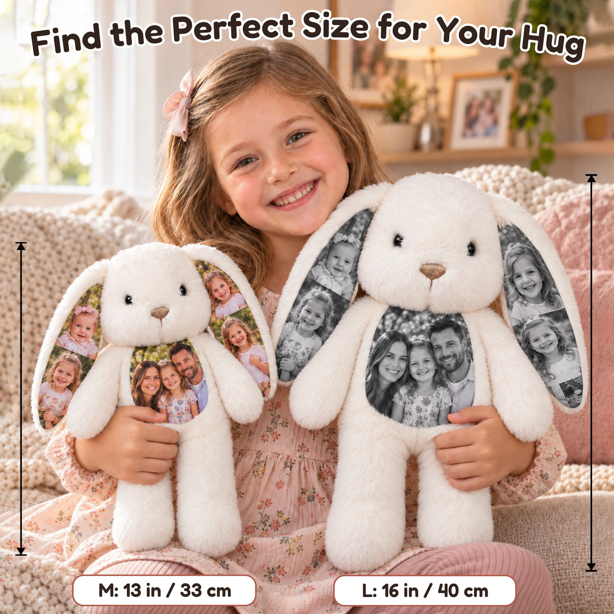 Girl holding M 33 cm and L 40 cm custom photo bunnies to compare sizes.