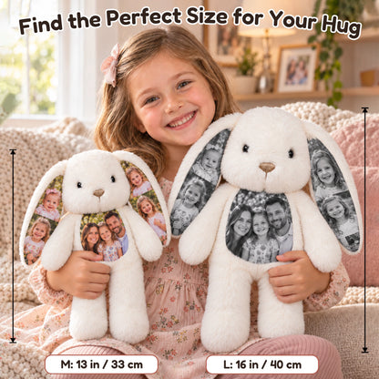 Girl holding M 33 cm and L 40 cm custom photo bunnies to compare sizes.