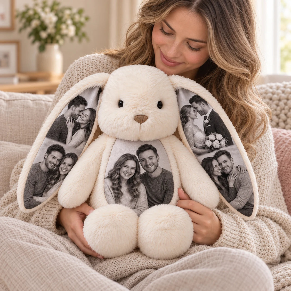 Woman cuddling a cream white custom photo bunny with black-and-white couple photos on its ears and belly.