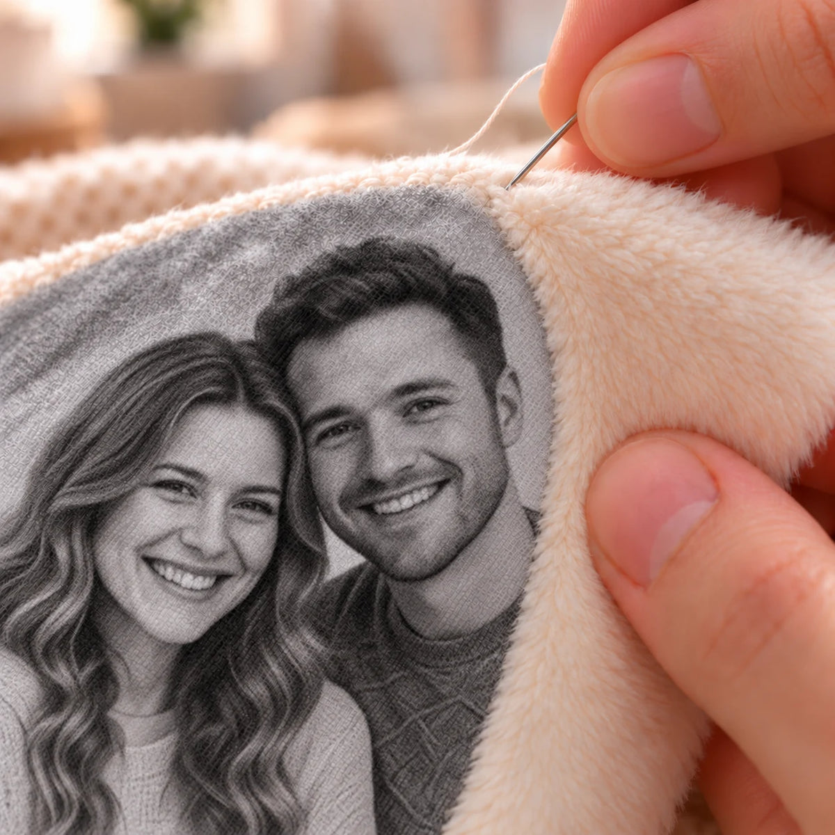 Close-up of hands sewing personalized couple photo fabric beside cream plush with fine matching thread.