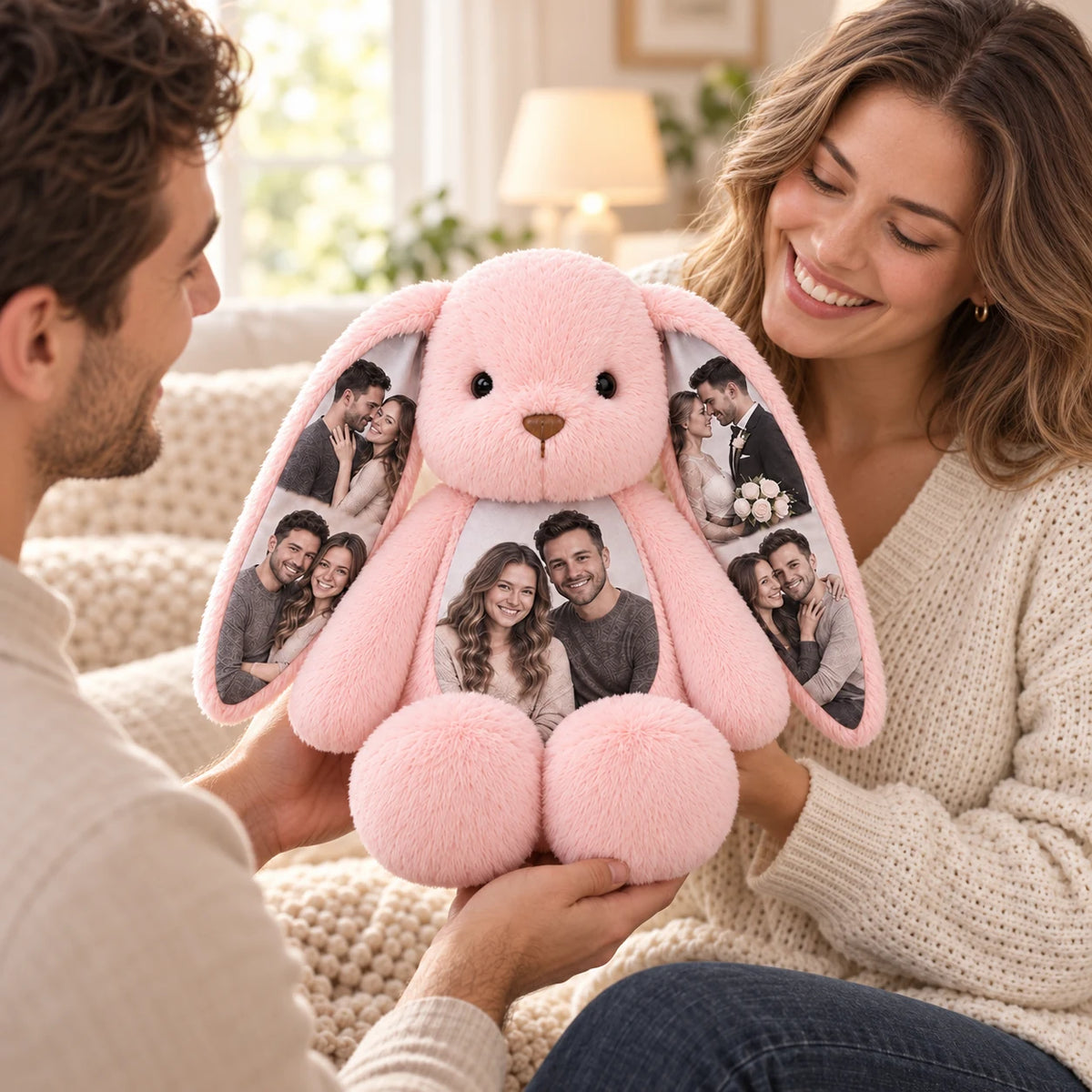 Man giving his partner a blush pink custom photo bunny with color couple photos on its ears and belly.
