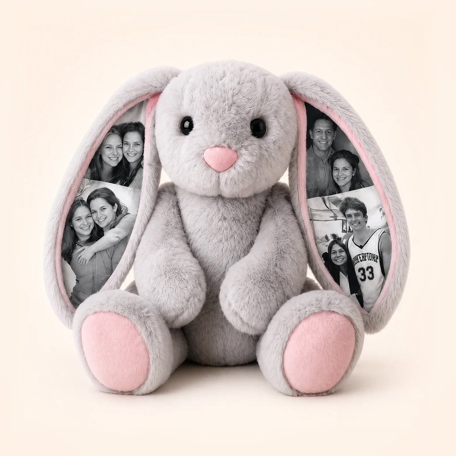 Personalized bunny plush with photos on the ears